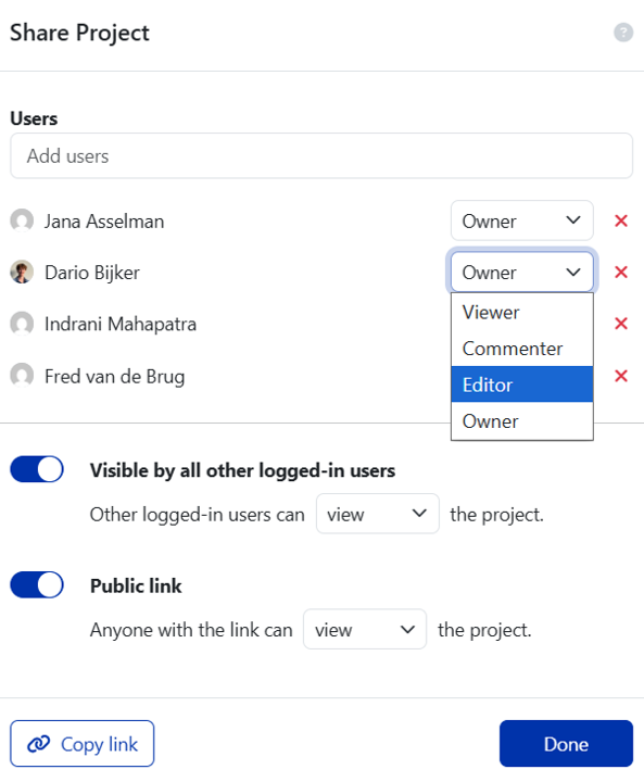 Screenshot which shows the available user rights. Give your project members and WP7 DMP Troubleshooters (and if needed, WP7 Data Liaison) suitable user rights.